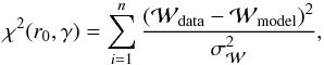 Mathematical equation: \begin{equation} \chi^2(r_0,\gamma)=\sum_{i=1}^{n}\frac{({\cal W}_{\rm data}-{\cal W}_{\rm model})^2}{\sigma_{\cal W}^2} \label{eq:chi2} , \end{equation}