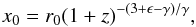 Mathematical equation: \begin{equation} \label{tradM} x_0=r_0 (1+z)^{-(3+\epsilon-\gamma)/\gamma} , \end{equation}
