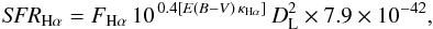 Mathematical equation: \begin{eqnarray} {\it SFR}_{{\rm H}\alpha} = F_{{\rm H}\alpha} \, 10^{\, 0.4 [ E(B-V) \, \kappa_{{\rm H}\alpha}]} \, D_{\rm L}^2 \times 7.9 \times 10^{-42}, \end{eqnarray}