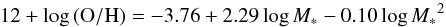 Mathematical equation: \begin{equation} 12+\log{(\mathrm{O/H})} = -3.76 + 2.29 \log{M_*} - 0.10 \log{M_*}^2 \end{equation}