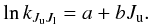 Mathematical equation: \appendix \setcounter{section}{4} \begin{eqnarray} \label{eq:low_jf_fit} \ln k_{J_{\rm u}J_{\rm l}} = a + b J_{\rm u}. \end{eqnarray}