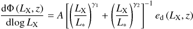 Mathematical equation: \begin{equation} \label{eq:xlfanalytic} \frac{{\rm d} \Phi \left (L_{\rm X}, z \right )}{{\rm d}\! \log L_{\rm X}} = A \left [ \left ( \frac{L_{\rm X}}{L_*} \right )^{\gamma_1} + \left ( \frac{L_{\rm X}}{L_*} \right )^{\gamma_2} \right ]^{-1} e_{\rm d} \left ( L_{\rm X}, z \right ) \end{equation}