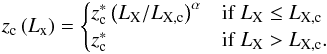 Mathematical equation: \begin{equation} \label{eq:zc} z_{\rm c} \left ( L_{\rm x} \right ) = \begin{cases} z_{\rm c}^{*} \left (L_{\rm X}/L_{{\rm X,c}} \right )^\alpha & \mbox{if} \; L_{\rm X} \leq L_{{\rm X,c}} \\ z_{\rm c}^{*} & \mbox{if} \; L_{\rm X} > L_{{\rm X,c}}. \end{cases} \end{equation}