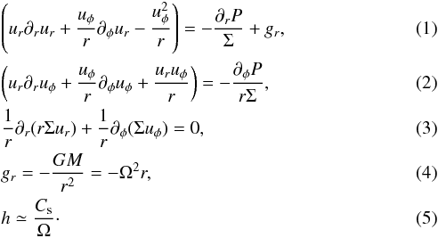 Mathematical equation: \begin{eqnarray} \label{eqfluid1} &&\left( u_r \partial_r u_r + {u_\phi \over r} \partial_\phi u_r - {u_\phi^2 \over r} \right) = - { \partial _r P \over \Sigma} + g_r, \\ \label{eqfluid2} &&\left( u_r \partial_r u_\phi + {u_\phi \over r} \partial_\phi u_\phi + {u_r u_\phi \over r} \right) = - {\partial _\phi P \over r \Sigma } , \\ \label{eqfluid3} && {1 \over r } \partial _r ( r \Sigma u_r) + {1 \over r} \partial_\phi ( \Sigma u_\phi ) = 0, \\ \label{eqfluid4} &&g_r = -{G M \over r^2} = - \Omega^2 r, \\ \label{eqfluid5} &&h \simeq { C_{\rm s} \over \Omega }\cdot \end{eqnarray}