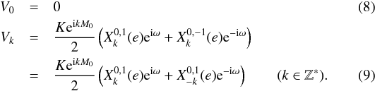 Mathematical equation: \begin{eqnarray} V_0 &=& 0\\ \label{eq:FourVHansen} V_k &=& \frac{K \expo{\i k M_0}}{2}\left(X_k^{0,1}(e)\expo{\i\omega}+X_k^{0,-1}(e)\expo{-\i\omega}\right)\nonumber\\ &=& \frac{K \expo{\i k M_0}}{2}\left(X_k^{0,1}(e)\expo{\i\omega}+X_{-k}^{0,1}(e)\expo{-\i\omega}\right) \qquad (k \in \mathbb{Z}^*). \end{eqnarray}