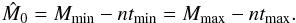 Mathematical equation: \appendix \setcounter{section}{3} \begin{equation} \label{eq:estM0minmax} \hat{M}_0 = M_{\rm min} - nt_{\rm min} = M_{\rm max} - nt_{\rm max}. \end{equation}