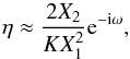 Mathematical equation: \begin{equation} \label{eq:eta2} \eta \approx \frac{2X_2}{KX_1^2} \expo{-\i\omega}, \end{equation}