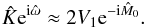 Mathematical equation: \begin{equation} \hat{K}\expo{\i \hat{\omega}} \approx 2 V_1 \expo{-\i\hat{M}_0}. \end{equation}
