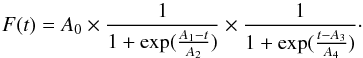 Mathematical equation: \appendix \setcounter{section}{1} \begin{equation} {F}(t) = A_0 \times \frac{1}{1+\exp(\frac{A_1-t}{A_2})} \times \frac{1}{1+\exp(\frac{t-A_3}{A_4})} \cdot \label{equ:main-on-fit} \end{equation}