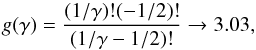 Mathematical equation: \begin{equation} g(\gamma)={(1/\gamma)!(-1/2)!\over (1/\gamma-1/2)!}\rightarrow 3.03, \label{eqn:ggamma} \end{equation}