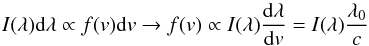 Mathematical equation: \begin{equation} \label{conversion} I(\lambda){\rm d}\lambda \propto f(v){\rm d}v\rightarrow f(v)\propto I(\lambda)\frac{{\rm d}\lambda}{{\rm d}v}=I(\lambda)\frac{\lambda_{0}}{c} \end{equation}