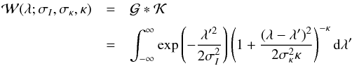Mathematical equation: \begin{eqnarray} \mathcal{W}(\lambda;\sigma_{I},\sigma_{\kappa},\kappa)& =& \mathcal{G}*\mathcal{K}\nonumber\\[1mm] & =&\int_{-\infty}^{\infty} \exp{\left(-\frac{\lambda'^{2}}{2\sigma_{I}^{2}}\right)}\left(1+\frac{(\lambda-\lambda'^{})^{2}}{2\sigma_{\kappa}^{2}\kappa}\right)^{-\kappa}{\rm d}\lambda' \label{gen_voigt} \end{eqnarray}