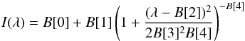 Mathematical equation: \begin{equation} \label{Ikappa_fit} I(\lambda)=B[0]+B[1]\left(1+\frac{(\lambda-B[2])^{2}}{2B[3]^{2}B[4]}\right)^{-B[4]} \end{equation}