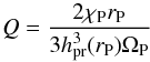 Mathematical equation: \begin{equation} Q = \frac{2 \chi_{\rm P} r_{\rm P}}{3 h_{\rm pr}^{3}(r_{\rm P}) \Omega_{\rm P}} \end{equation}