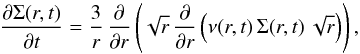 Mathematical equation: \begin{equation} \frac{\partial \Sigma(r,t)}{\partial t} = \frac{3}{r} \, \frac{\partial}{\partial r}\left(\sqrt{r} \, \frac{\partial}{\partial r} \left( \nu(r,t) \, \Sigma(r,t) \, \sqrt{r}\right) \right) \label{lb74} , \end{equation}