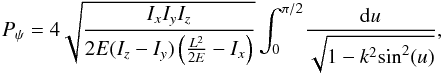 Mathematical equation: \begin{equation} \label{ppsi} P_\psi = 4 \sqrt{\frac{I_x I_y I_z}{2E (I_z - I_y) \left( \frac{L^2}{2E}-I_x \right)}} \int_0^{\pi/2} \! \frac{\mathrm{d}u}{\sqrt{1-k^2 \mathrm{sin}^2 (u)}} , \end{equation}