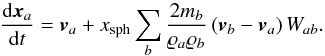 Mathematical equation: \begin{equation} \frac{\mathrm{d} \vec{x}_a}{\mathrm{d} t} = \vec{v}_a + x_{\mathrm{sph}} \sum_b \frac{2m_b}{\varrho_a \varrho_b} \left(\vec{v}_b - \vec{v}_a \right) W_{ab}. % \end{equation}