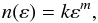 Mathematical equation: \begin{equation} n(\varepsilon) = k \varepsilon^m, \end{equation}