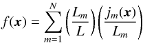 Mathematical equation: \begin{equation} f(\bfx) = \sum_{m=1}^N \left(\frac{L_m}{L}\right)\left(\frac{j_m(\bfx)}{L_m}\right) \label{px-sum} \end{equation}