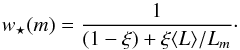 Mathematical equation: \begin{equation} w_\star(m) = \frac{1}{(1-\xi) + \xi {\langle L \rangle}/{L_m}}\cdot \end{equation}