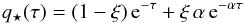Mathematical equation: \begin{equation} q_\star(\tau) = (1-\xi)\,{\text{e}}^{-\tau} + \xi\,\alpha\,{\text{e}}^{-\alpha\tau} \label{qstartau} \end{equation}