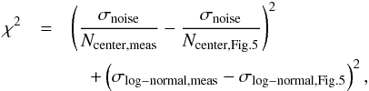 Mathematical equation: \begin{eqnarray} \chi^2 &=& \left(\frac{\sigma\sub{noise}}{N\sub{center,meas}} -\frac{\sigma\sub{noise}}{N\sub{center,Fig.5}} \right)^2 \nonumber \\ &&\quad + \left( \sigma\sub{log-normal,meas} - \sigma\sub{log-normal,Fig.5} \right)^2 \label{eq_chisquaredefinition} , \end{eqnarray}