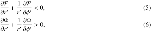Mathematical equation: \begin{eqnarray} \label{pres} &&{\partial {\cal P} \over \partial r^\prime} + {1 \over r^\prime}{\partial {\cal P} \over \partial \phi^\prime} <0, \\ &&{\partial \Phi \over \partial r^\prime} + {1 \over r^\prime}{\partial \Phi \over \partial \phi^\prime} >0, \label{grav} \end{eqnarray}