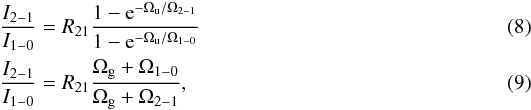 Mathematical equation: \begin{eqnarray} \label{eq:line_rat_unif} {I_{2-1}\over I_{1-0}}&=& R_{21} { 1- {\rm e}^{-\Omega_{\rm u}/\Omega_{2-1}} \over 1- {\rm e}^{-\Omega_{\rm u}/\Omega_{1-0}}} \\ \label{eq:line_rat_gauss} {I_{2-1}\over I_{1-0}}&=& R_{21} { \Omega_{\rm g}+\Omega_{1-0} \over \Omega_{\rm g} + \Omega_{2-1} }, \end{eqnarray}