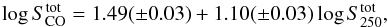 Mathematical equation: \begin{equation} % \log S_{\rm CO}^{\rm tot} = 1.49(\pm0.03) + 1.10(\pm0.03) \log S_{250}^{\rm tot}, \end{equation}