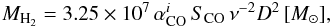 Mathematical equation: \begin{equation} M_{{\rm H}_2} = 3.25 \times 10^7 \, {\alpha_{\rm CO}^i} \, S_{\rm CO} \, \nu^{-2} D^2 \, [M_{\odot}] , \end{equation}