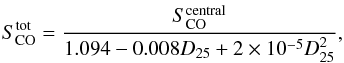 Mathematical equation: \begin{equation} S_{\rm CO}^{\rm tot} = \frac{S_{\rm CO}^{\rm central}}{1.094 - 0.008 D_{25} + 2 \times 10^{-5} D_{25}^2} , \end{equation}