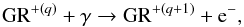 Mathematical equation: \begin{equation} \mathrm{GR}^{+(q)} + \gamma \rightarrow \mathrm{GR}^{+(q + 1)} + \mathrm{e^-}, \end{equation}
