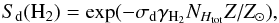 Mathematical equation: \begin{equation} S_{\rm d}(\mathrm{H_2}) = \exp(- \sigma_{\rm d} \gamma_{\rm H_2} N_{H_{\rm tot}} Z/Z_\odot),\\ \end{equation}
