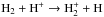 Mathematical equation: \hbox{${\rm H}_2+ {\rm H}^+\to {\rm H}_2^++ {\rm H}$}