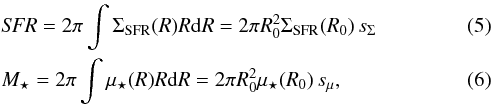 Mathematical equation: \begin{eqnarray} \label{eq:Model_DefSFR} &&{\it SFR} = 2\pi \int \Sigma_{\rm SFR}(R) R {\rm d}R = 2\pi R_0^2 \Sigma_{\rm SFR}(R_0) \, s_\Sigma \\ \label{eq:Model_DefM} &&M_\star = 2\pi \int \mu_\star(R) R {\rm d}R = 2\pi R_0^2 \mu_\star(R_0) \, s_\mu , \end{eqnarray}