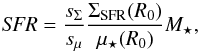Mathematical equation: \begin{equation} \label{eq:Model_SFR} {\it SFR} = \frac{ s_\Sigma }{ s_\mu } \frac{ \Sigma_{\rm SFR}(R_0) }{ \mu_\star(R_0)} M_\star , \end{equation}