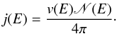Mathematical equation: \begin{eqnarray} \label{jCR} j(E)=\frac{v(E)\mathscr{N}(E)}{4\pi}\cdot \end{eqnarray}