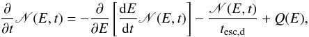 Mathematical equation: \begin{equation} \label{Nevolve} \frac{\partial}{\partial t}{\mathscr N}(E,t)= -\frac{\partial}{\partial E}\left[\frac{\ud E}{\ud t}{\mathscr N}(E,t)\right] -\frac{{\mathscr N(E,t)}}{t_{\rm esc,d}}+Q(E), \end{equation}