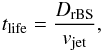 Mathematical equation: \begin{eqnarray} \label{tlife} t_{\rm life}=\frac{D_{\rm rBS}}{v_{\rm jet}}, \end{eqnarray}