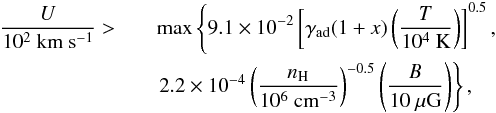 Mathematical equation: \begin{eqnarray} \label{Uhighercsva} \frac{U}{10^{2}~\mathrm{km~s^{-1}}}>&&\max\left\{9.1\times10^{-2}\left[\gamma_{\rm ad} (1+x) \left(\frac{T}{10^{4}~\mathrm{K}}\right)\right]^{0.5},\right.\\\nonumber &&\left.2.2\times10^{-4}\left(\frac{n_{\rm H}}{10^{6}~\mathrm{cm^{-3}}}\right)^{-0.5}\left(\frac{B}{10~\mathrm{\mu G}}\right)\right\}, \end{eqnarray}