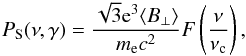 Mathematical equation: \begin{eqnarray} P_{\rm S}(\nu,\gamma)=\frac{\sqrt{3}{\rm e}^{3}\langle B_{\perp}\rangle}{m_{\rm e}c^{2}}F\left(\frac{\nu}{\nu_{\rm c}}\right), \end{eqnarray}