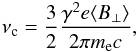 Mathematical equation: \begin{eqnarray} \nu_{\rm c}=\frac{3}{2}\frac{\gamma^{2}e\langle B_{\perp}\rangle}{2\pi m_{\rm e}c}, \end{eqnarray}