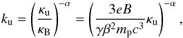 Mathematical equation: \begin{eqnarray} \label{diffusioncoeff} k_{\rm u}=\left(\frac{\kappa_{\rm u}}{\kappa_{\rm B}}\right)^{-\alpha}= \left(\frac{3eB}{\gamma\beta^{2}m_{\rm p}c^{3}}\kappa_{\rm u}\right)^{-\alpha}, \end{eqnarray}