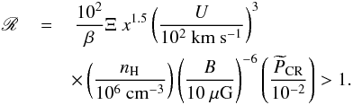 Mathematical equation: \begin{eqnarray} \label{Rratio} \mathscr{R}\,&=&\,\frac{10^{2}}{\beta}\Xi ~x^{1.5} \left(\frac{U}{10^{2}~\mathrm{km~s^{-1}}}\right)^{3}\\\nonumber &&\times\left(\frac{n_{\rm H}}{10^{6}~\mathrm{cm^{-3}}}\right) \left(\frac{B}{10~\mathrm{\mu G}}\right)^{-6} \left(\frac{\widetilde{P}_{\rm CR}}{10^{-2}}\right)>1. \end{eqnarray}