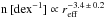 Mathematical equation: \hbox{$\mathrm{n\, [dex^{-1}]\propto {\it r}_{eff}^{-3.4\,\pm\, 0.2}}$}