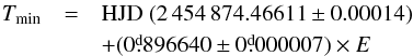 Mathematical equation: \begin{eqnarray*} T_{\rm min} &=& {\rm HJD}~(2\,454\,874{.}46611\pm0{.}00014)\\ & & + (0\fd896640\pm0\fd000007)\times E \end{eqnarray*}