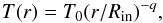 Mathematical equation: \begin{equation} \label{tdisk} T(r) = T_0 (r/R_{\rm in})^{-q}, \end{equation}