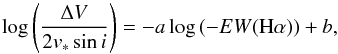 Mathematical equation: \begin{equation} \label{jindex} \log \left(\frac{\Delta V}{2 v_* \sin i}\right)= -a \log\left(-EW({\rm H}\alpha)\right)+b , \end{equation}
