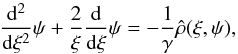 Mathematical equation: \begin{equation} \label{PEfnuT} \frac{{\rm d}^2}{{\rm d}\xi^2}\psi + \frac{2}{\xi} \frac{{\rm d}}{{\rm d}\xi}\psi = -\frac{1}{\gamma} \hat{\rho} (\xi,\psi), \end{equation}