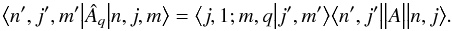 Mathematical equation: \begin{equation} \label{eq:WEtheorem} \big<n',j',m'\big|\hat{A}_q\big|n,j,m\big> = \big<j,1;m,q\big|j',m'\big>\big<n',j'\big\|A\big\|n,j\big>. \end{equation}